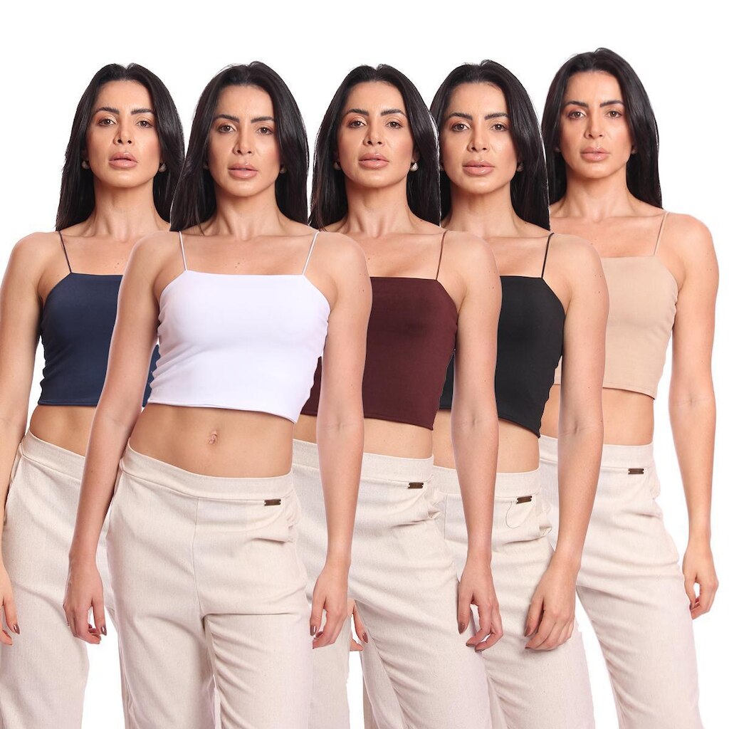 Kit 5 Cropped Top Feminino Alcinha com Elástico Suplex Liso Básico Casual