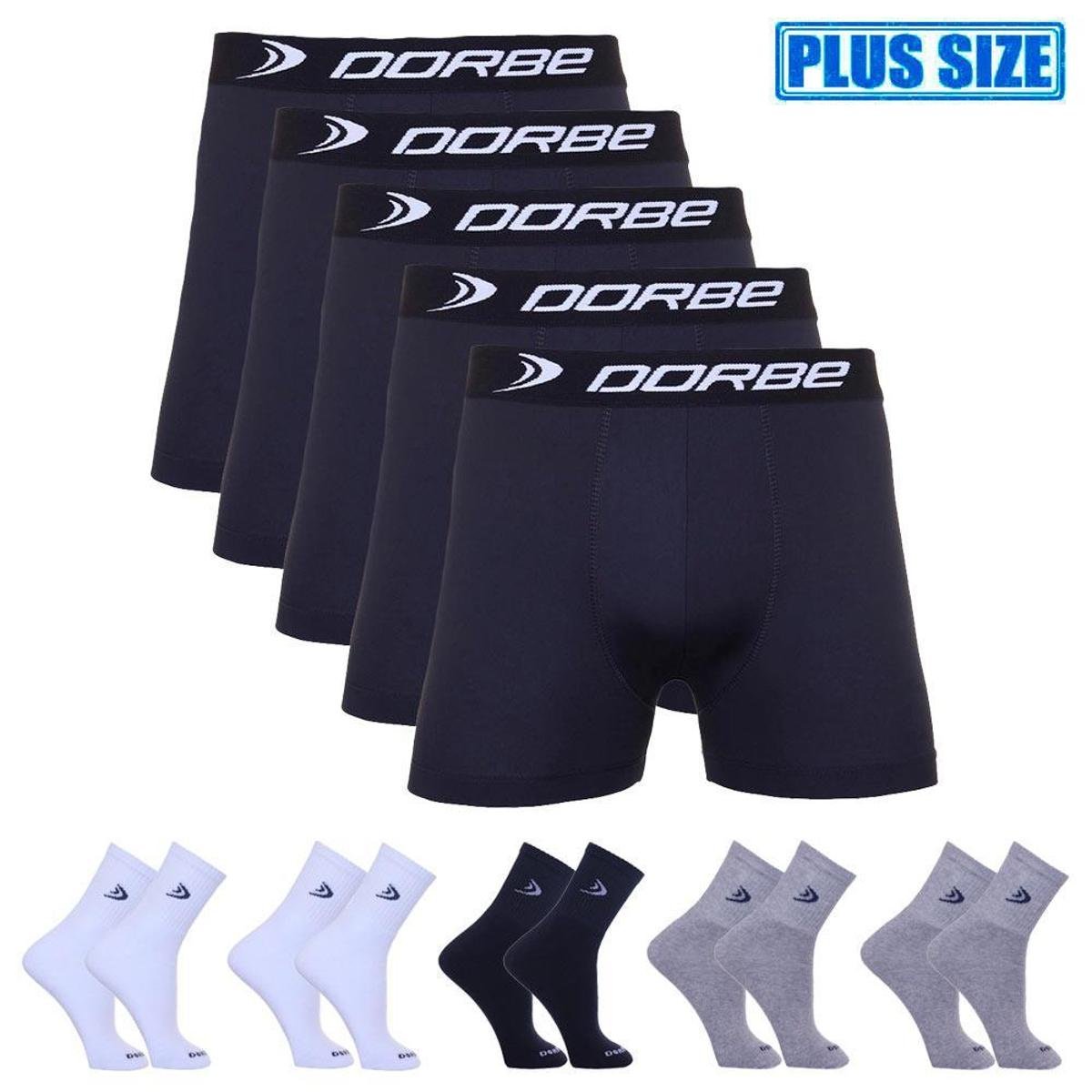 Kit 5 Cuecas Boxer Dorbe Microfibra Plus Size + 5 Pares Meia Cano Longo