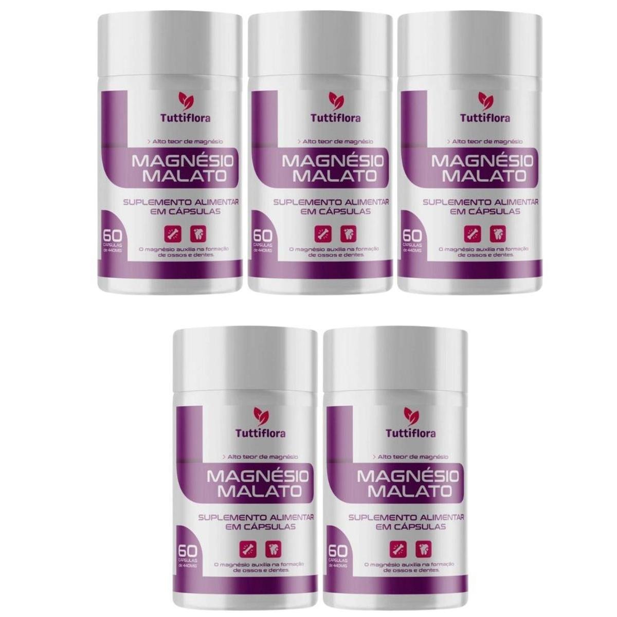 Kit 5 Magnésio Malato Premium 60 Cápsulas de 500mg Tuttiflora