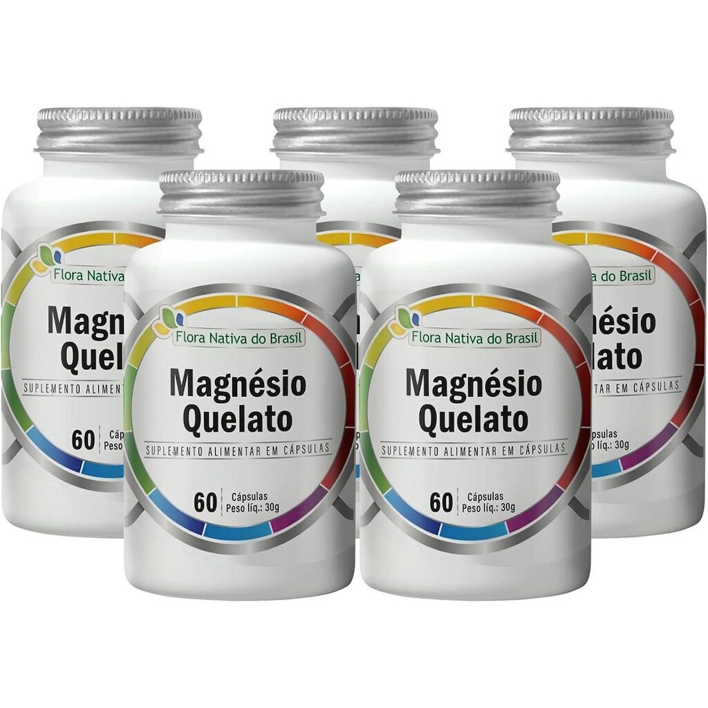 Kit 5 Magnésio Quelato 60 Capsulas de 500mg Flora Nativa