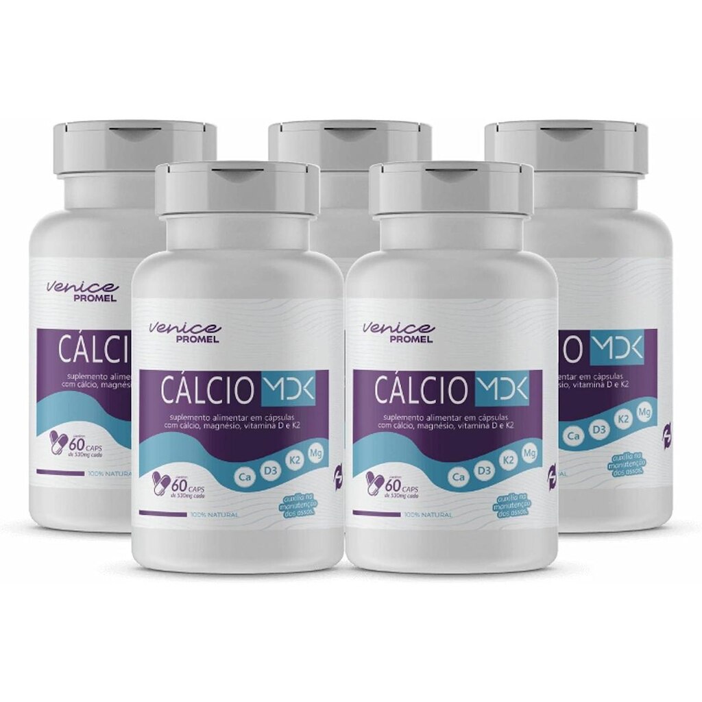 Kit 5 MDK Cálcio, Magnésio,Vitamina D3 e K2 60 Caps 500mg Promel
