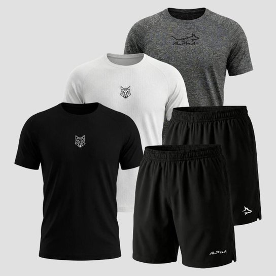 Kit 5 Peças Dry 3 Camisetas e 2 Bermudas Alpha