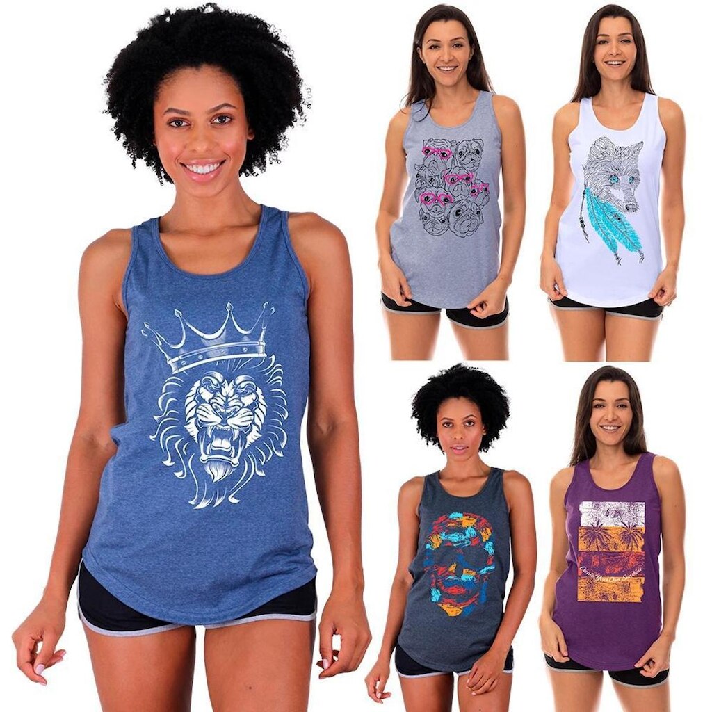 Kit 5 Regatas Longline Feminina MXD Conceito Slim Diversas Estampas