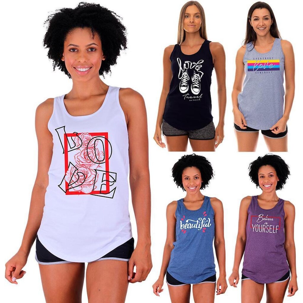 Kit 5 Regatas Longline Feminina MXD Conceito Slim Diversas Estampas