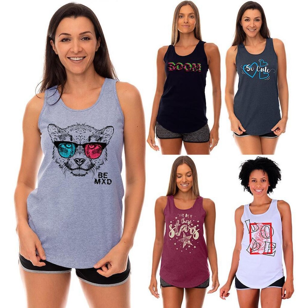 Kit 5 Regatas Longline Feminina MXD Conceito Slim Diversas Estampas