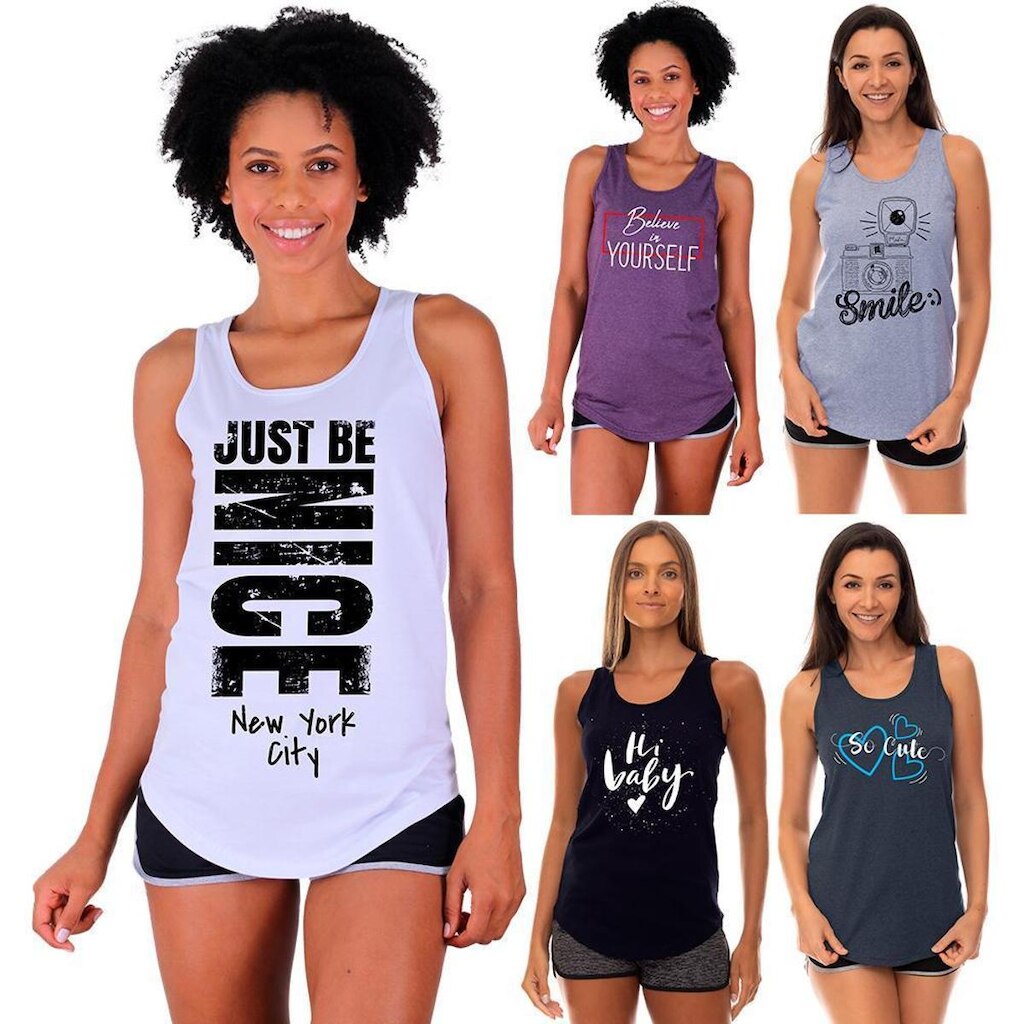Kit 5 Regatas Longline Feminina MXD Conceito Slim Diversas Estampas