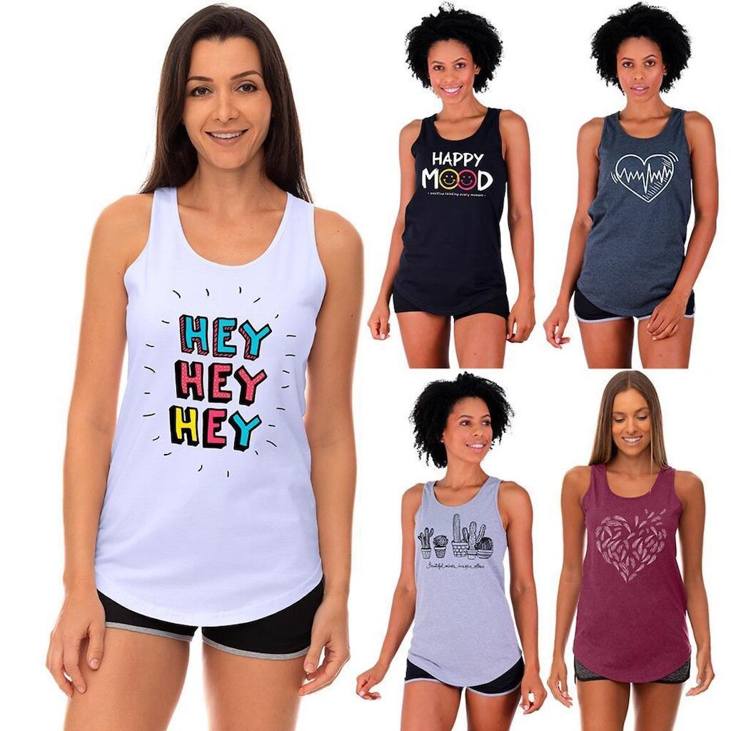 Kit 5 Regatas Longline Feminina MXD Conceito Slim Diversas Estampas