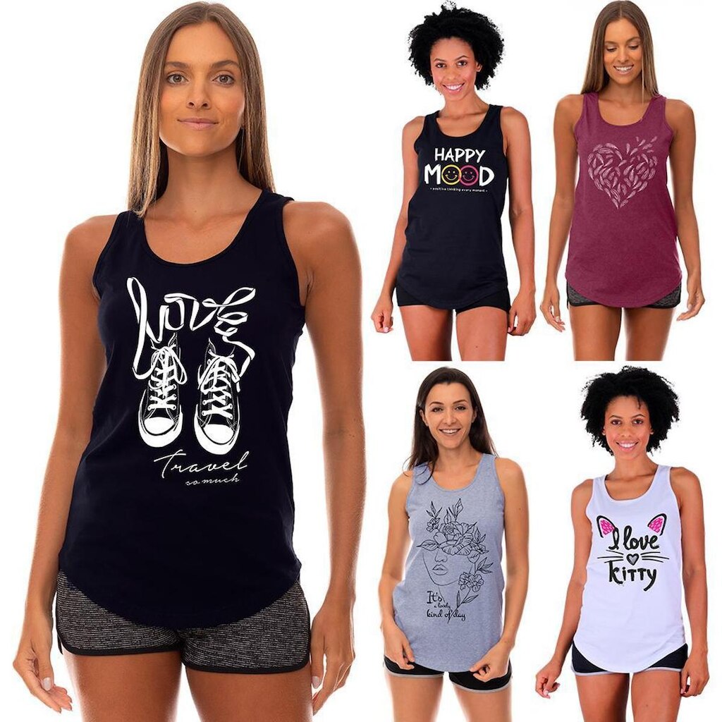 Kit 5 Regatas Longline Feminina MXD Conceito Slim Diversas Estampas