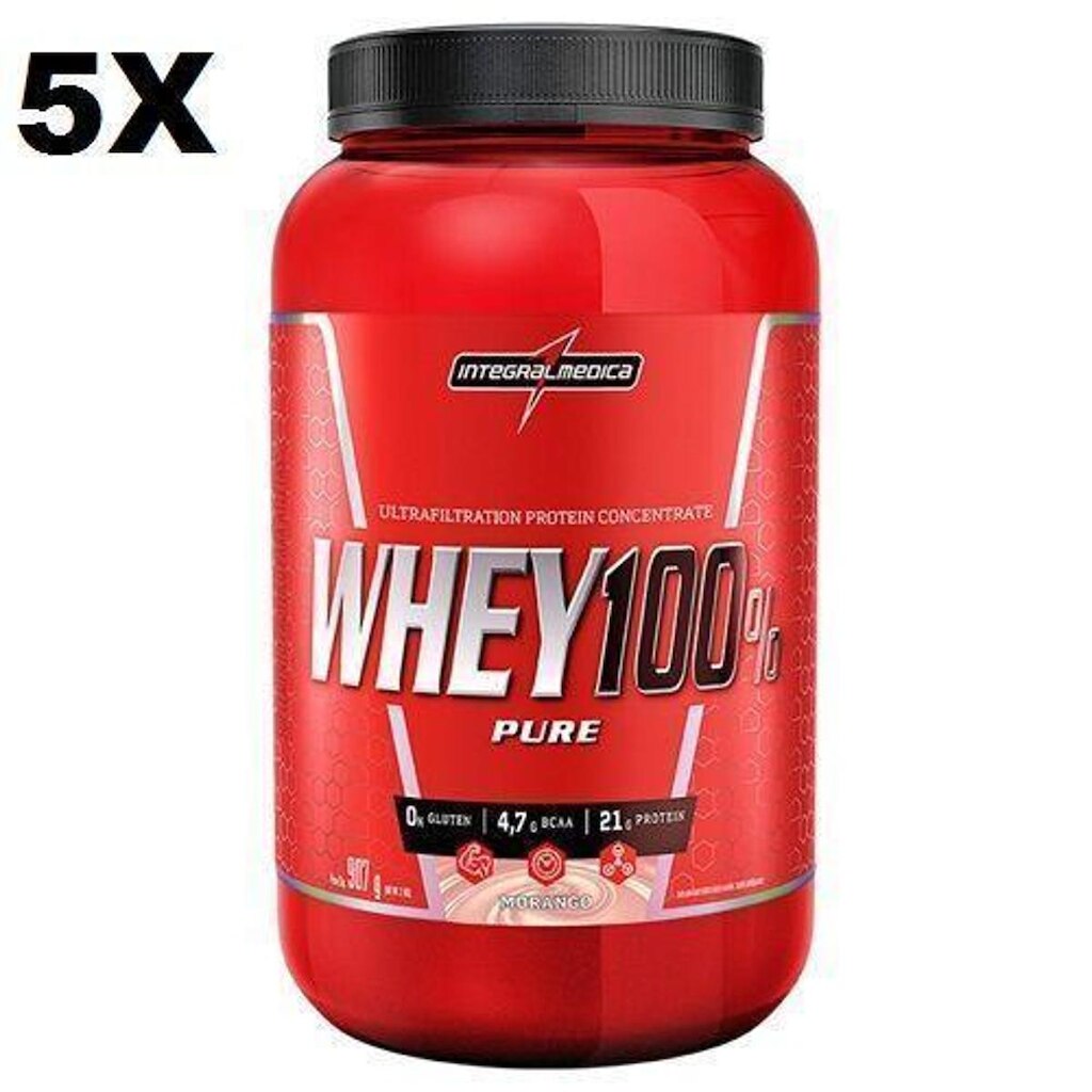 Kit 5 Super Whey 100% Pure - 907g Morango - IntegralMédica