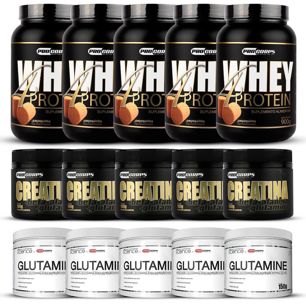 Kit 5 Whey 900g + 5 Creatina + 5 Glutamina