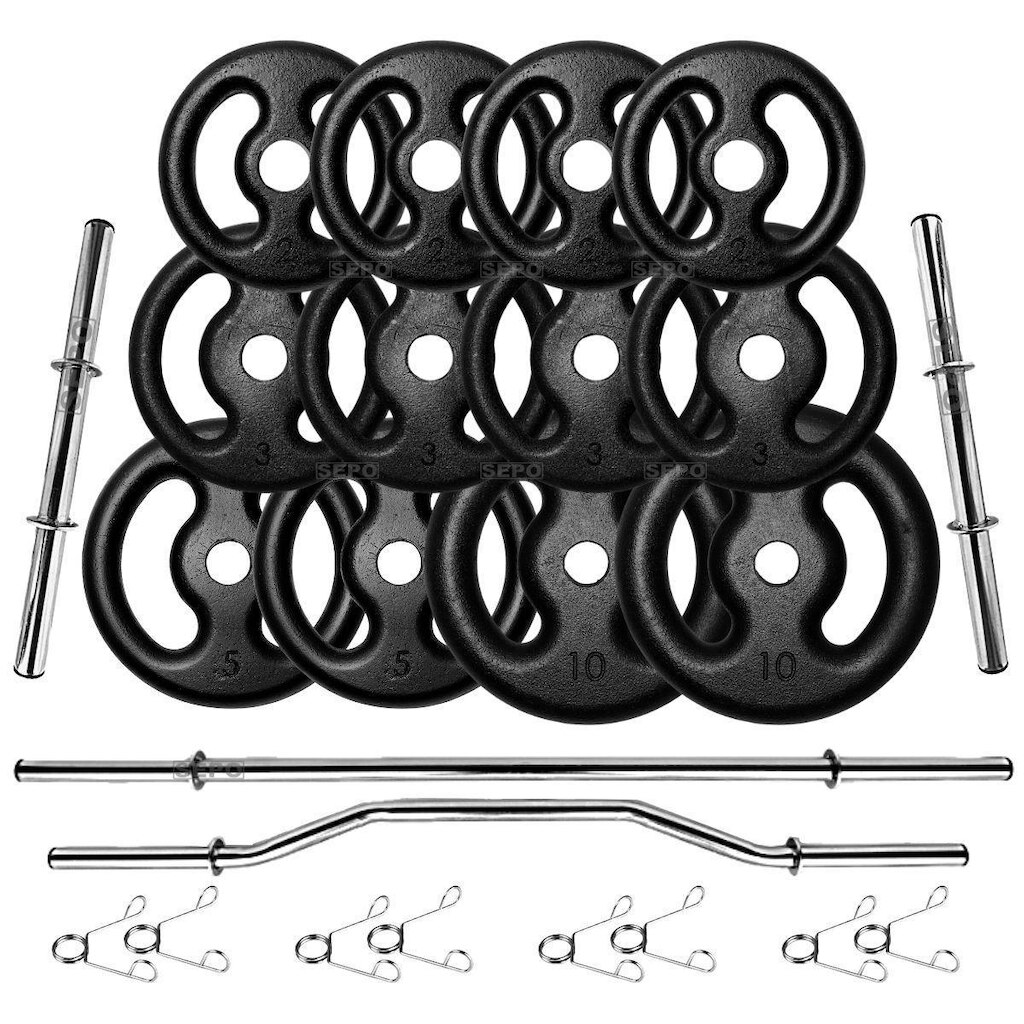Kit 50Kg em Anilhas de Ferro com Barras de 40cm e 1,20m + Barra W 1,20m