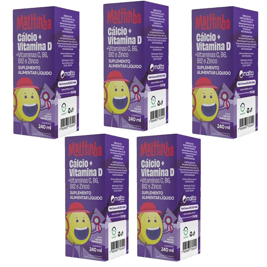 Kit 5x Cálcio + Vitamina D 5x240ml Sabor Frutas Vermelhas Malttinha Maltta