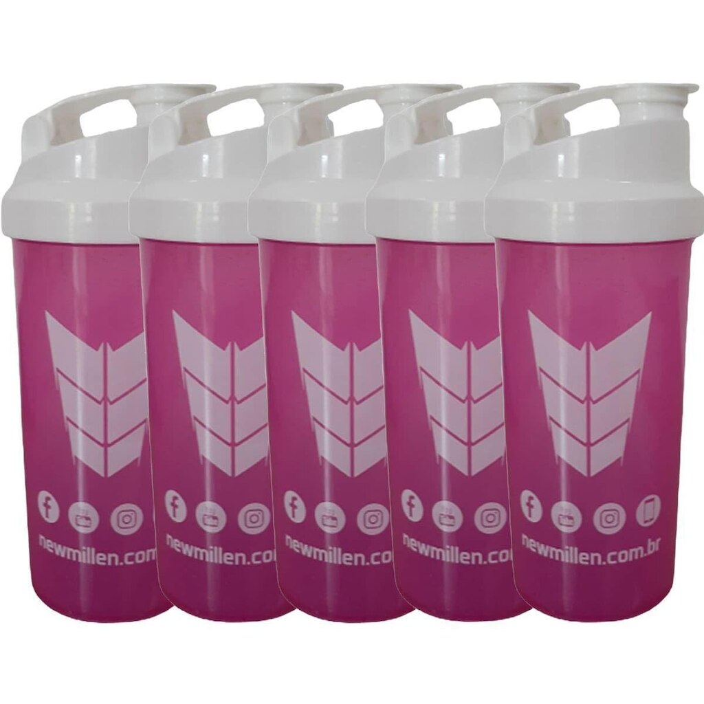 Kit 5X Coqueteleira Feminina - 600ml Rosa e Branco - New Millen