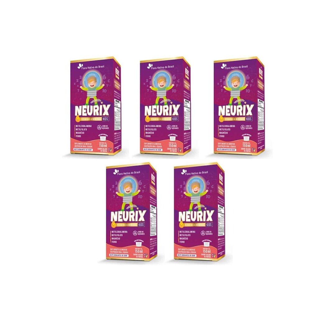 Kit 5x Neurix Mg Ferro Metilfolato e B12 5x150ml Salada de Frutas Flora Nativa