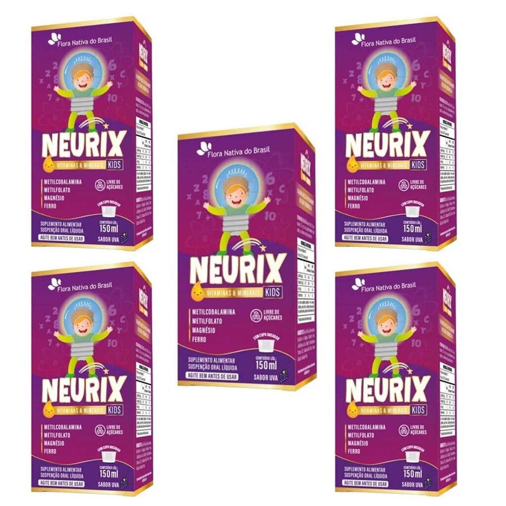 Kit 5x Neurix Mg Ferro Metilfolato e B12 5x150ml Uva Flora