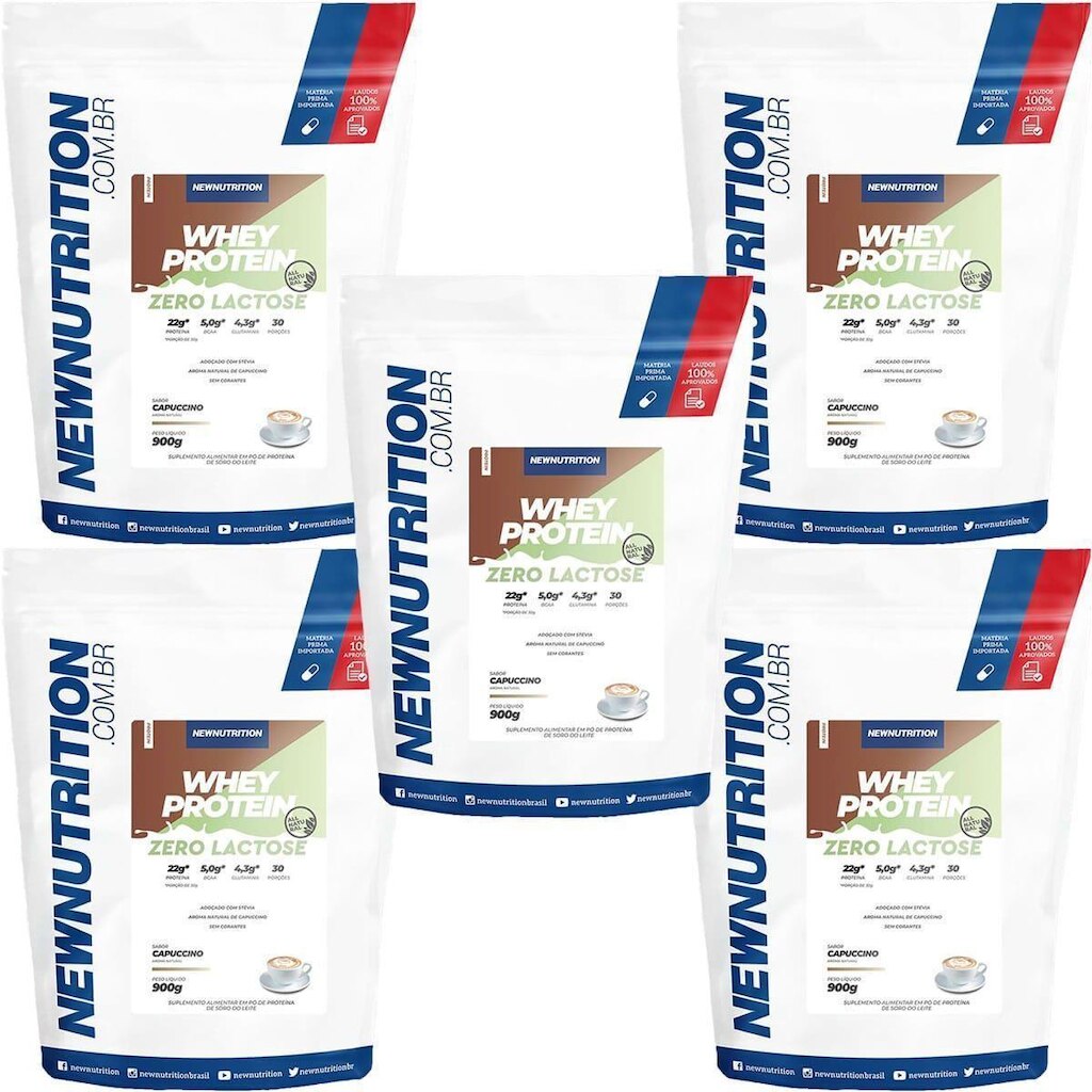 Kit 5X Whey Protein Zero Lactose All Natural - 900g Refil Cappuccino - NewNutrition