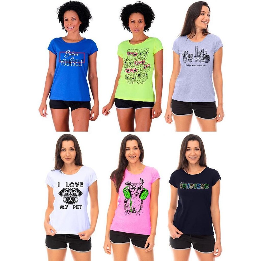 Kit 6 Camisa Babylook MXD Conceito Casual Fitness Cores Básicas e Estampas Diversas