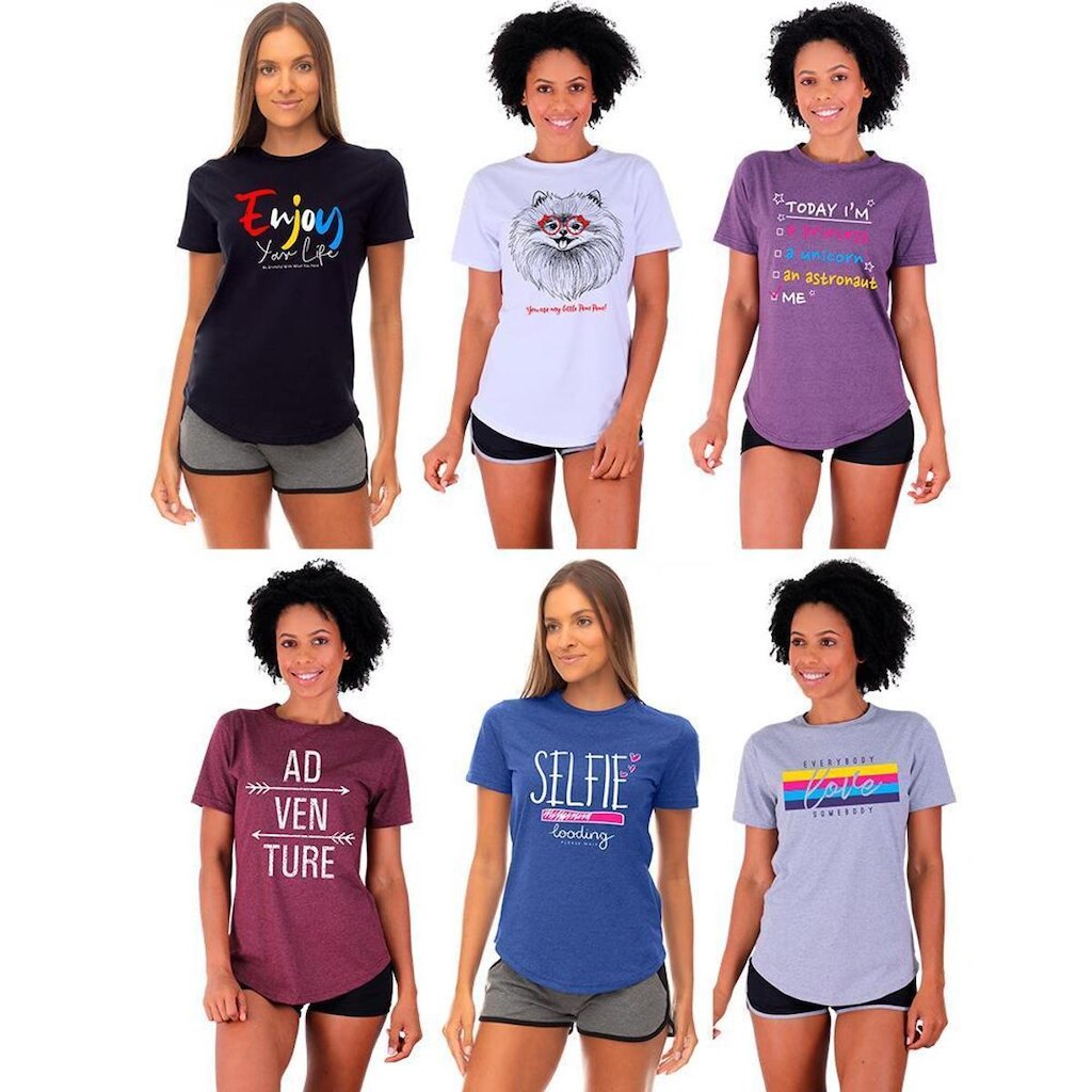 Kit 6 Camisetas Longline Feminina MXD Conceito Slim Diversas Estampas