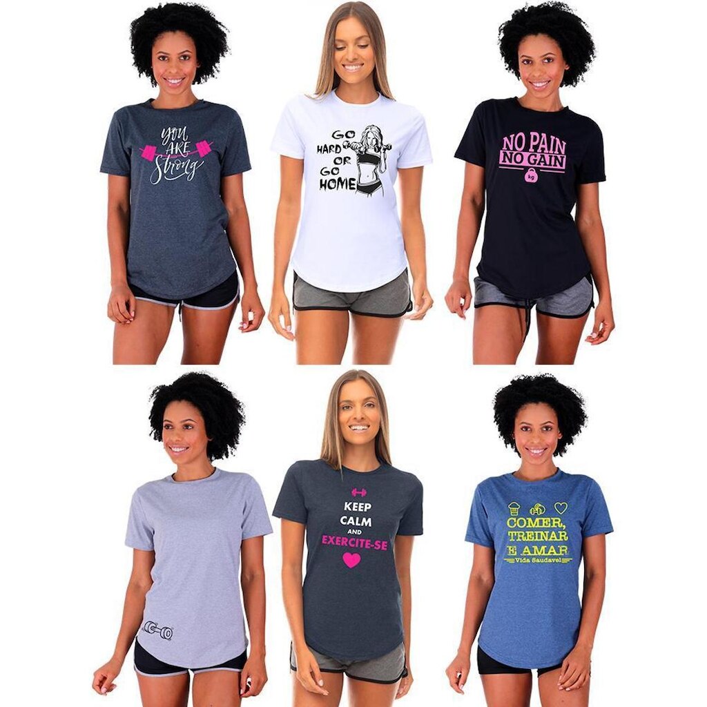 Kit 6 Camisetas Longline Feminina MXD Conceito Slim Diversas Estampas