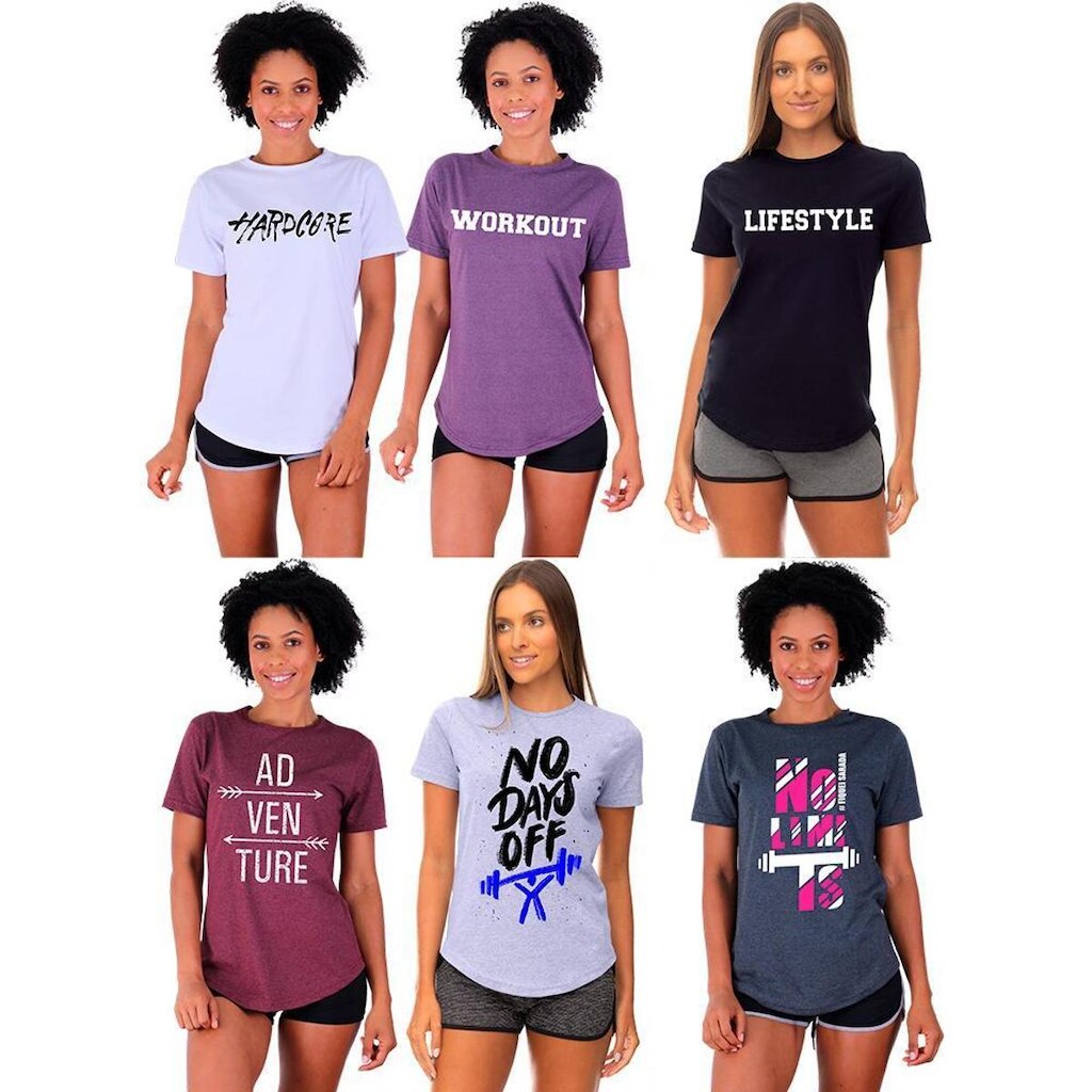 Kit 6 Camisetas Longline Feminina MXD Conceito Slim Diversas Estampas