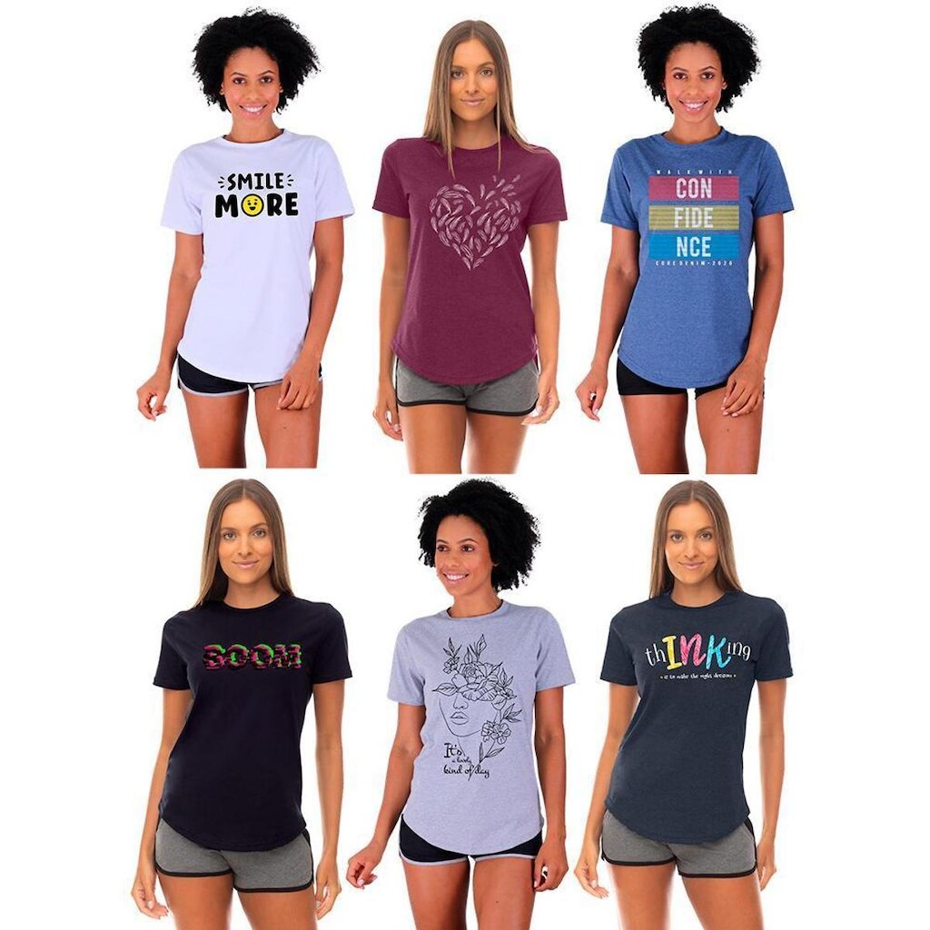 Kit 6 Camisetas Longline Feminina MXD Conceito Slim Diversas Estampas