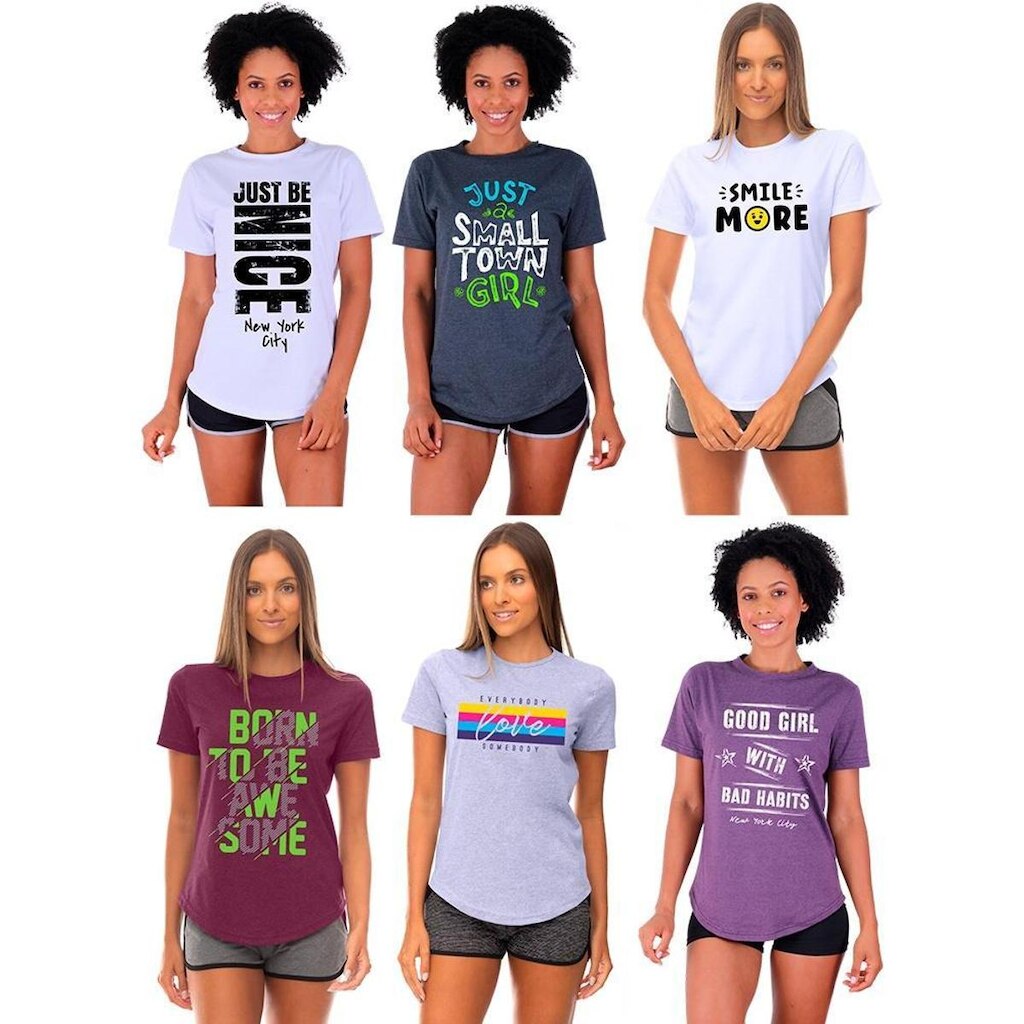 Kit 6 Camisetas Longline Feminina MXD Conceito Slim Diversas Estampas