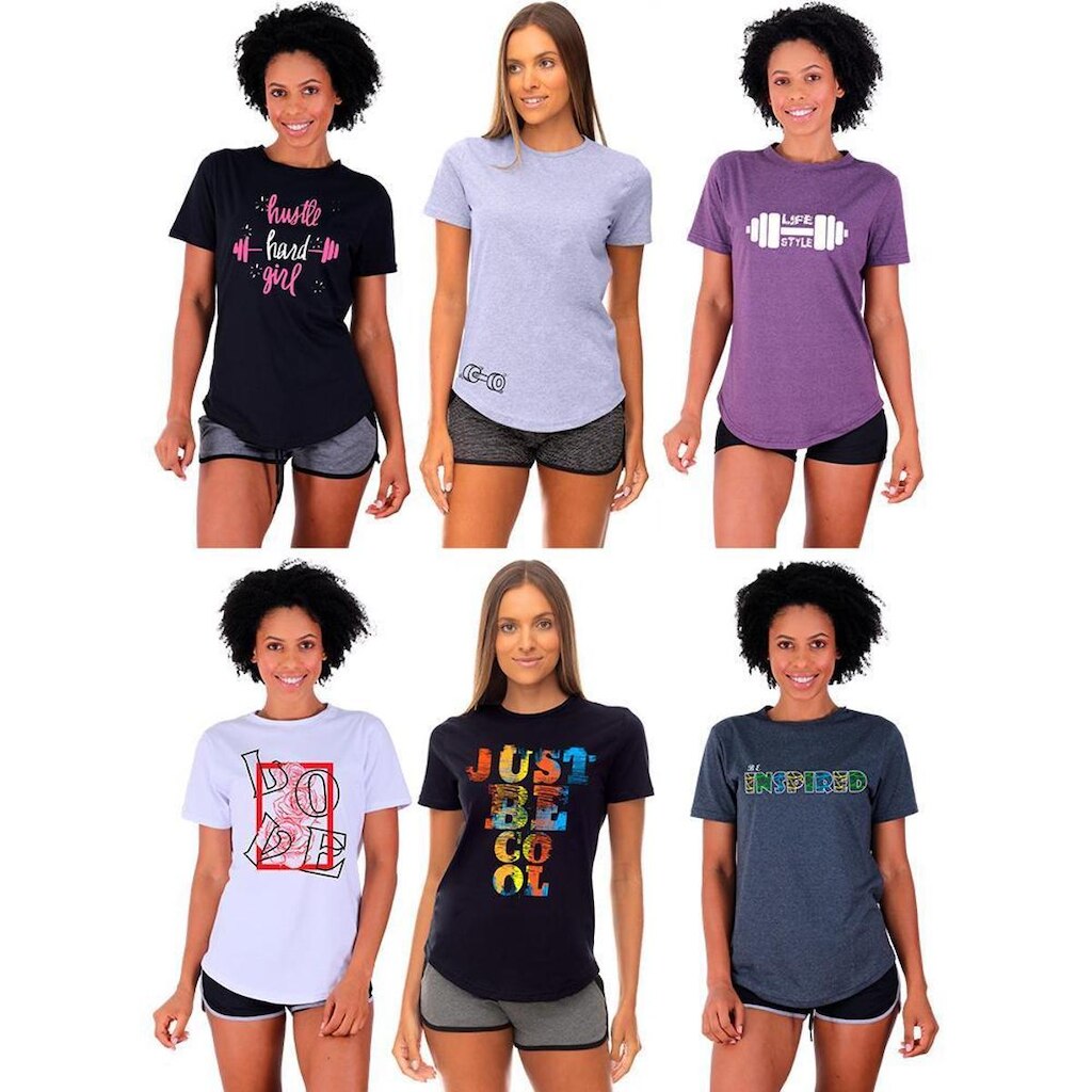 Kit 6 Camisetas Longline Feminina MXD Conceito Slim Diversas Estampas