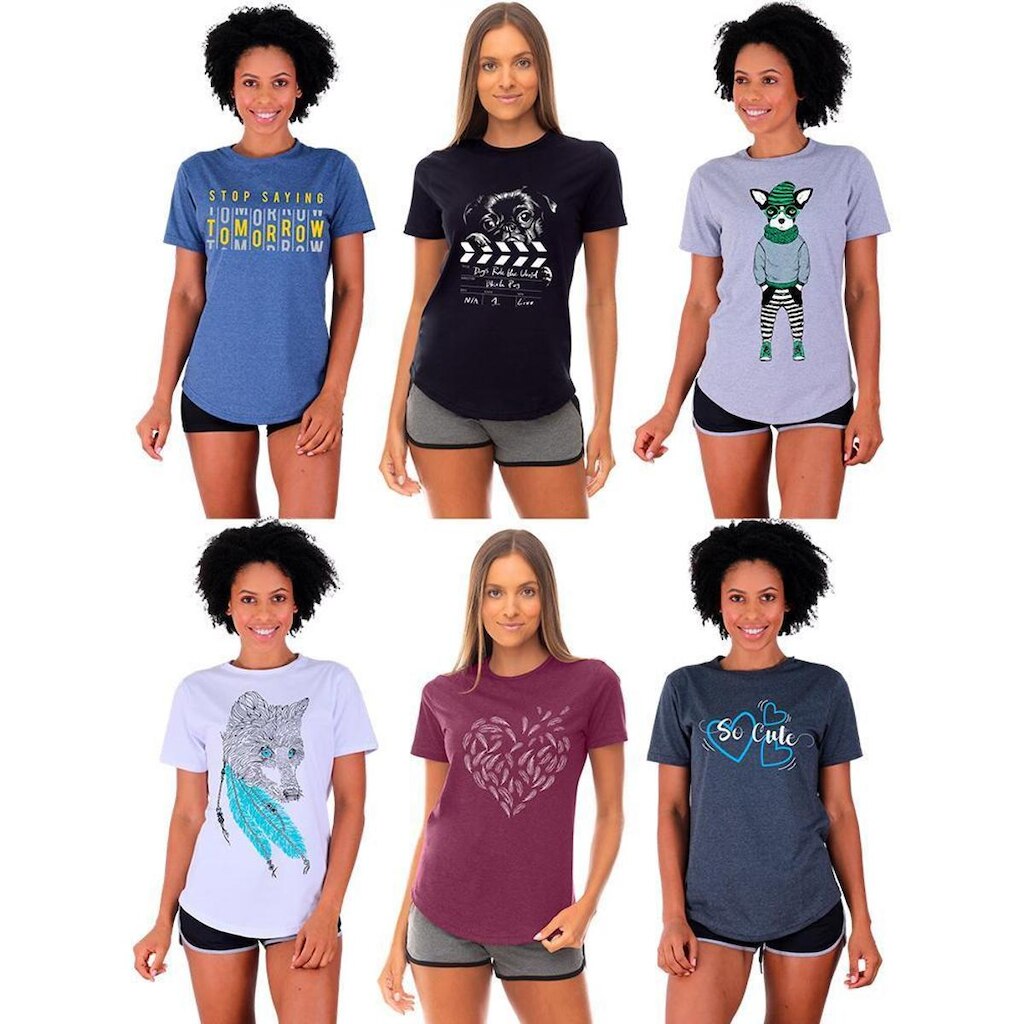 Kit 6 Camisetas Longline Feminina MXD Conceito Slim Diversas Estampas