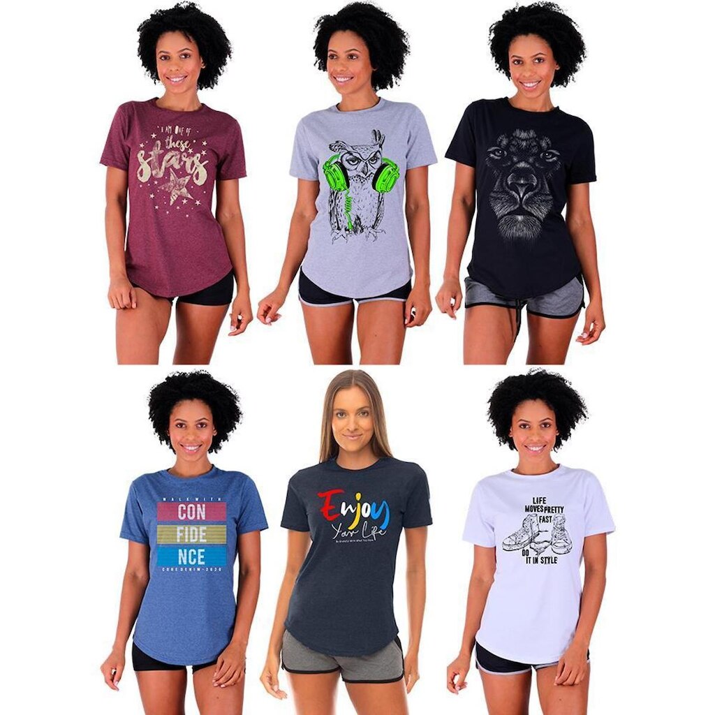 Kit 6 Camisetas Longline Feminina MXD Conceito Slim Diversas Estampas