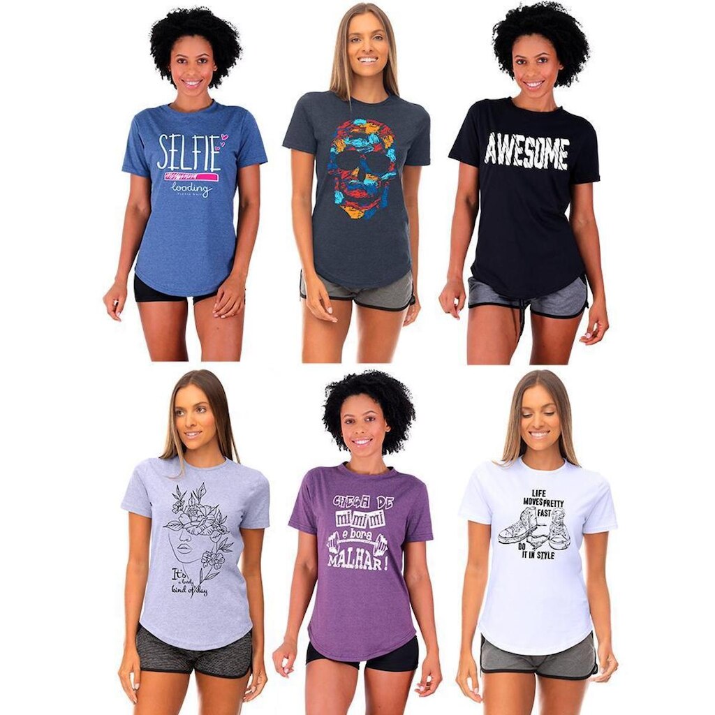 Kit 6 Camisetas Longline Feminina MXD Conceito Slim Diversas Estampas