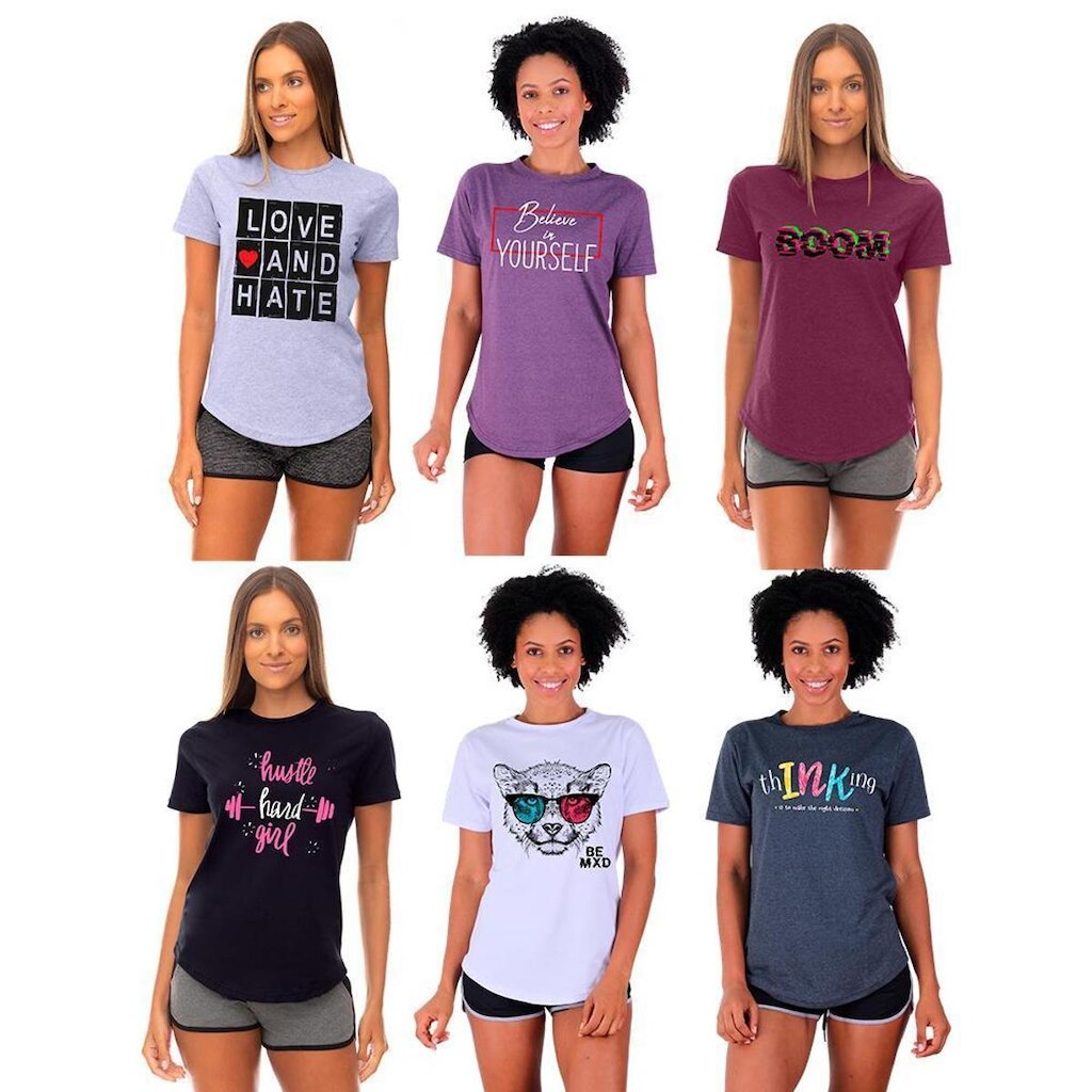 Kit 6 Camisetas Longline Feminina MXD Conceito Slim Diversas Estampas