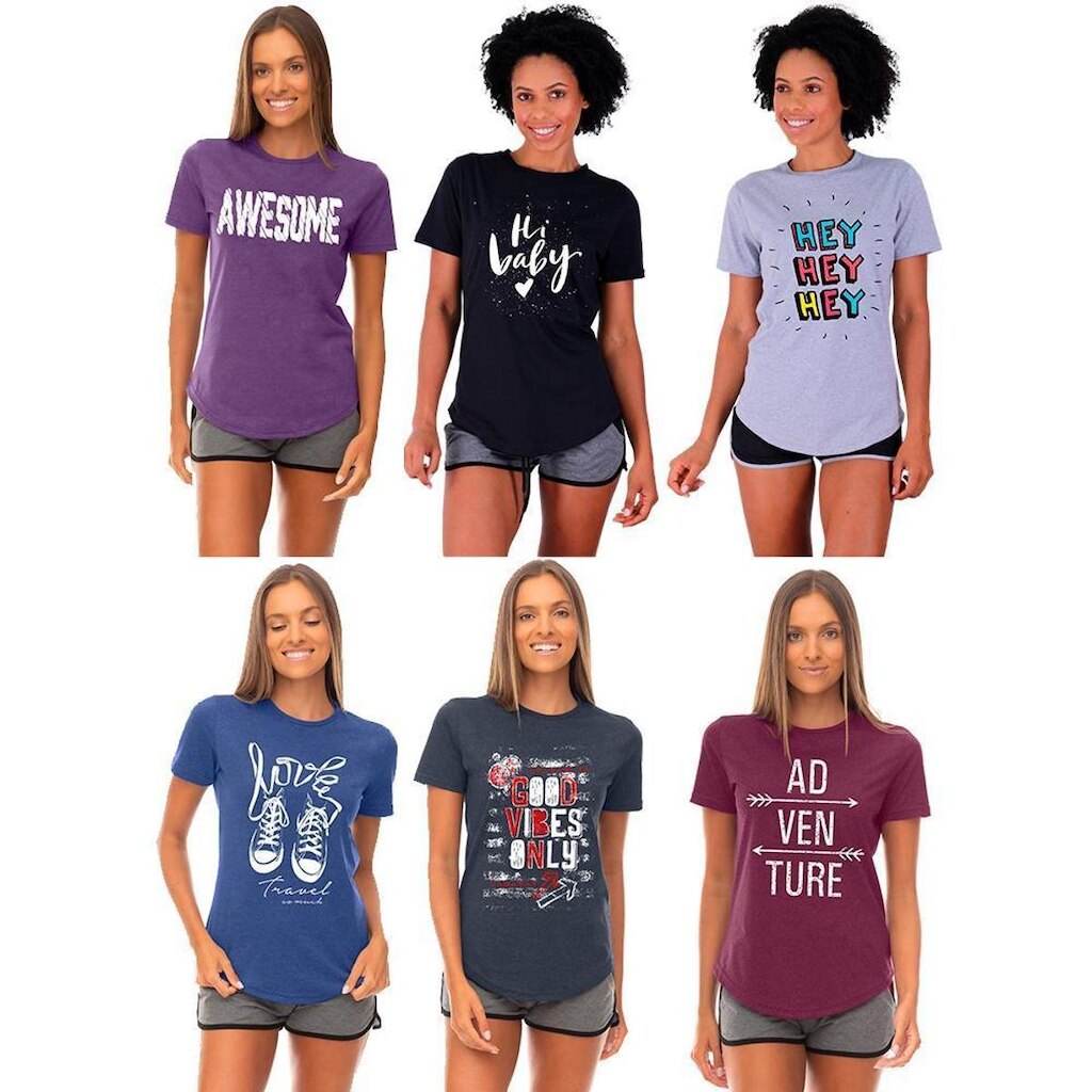 Kit 6 Camisetas Longline Feminina MXD Conceito Slim Diversas Estampas