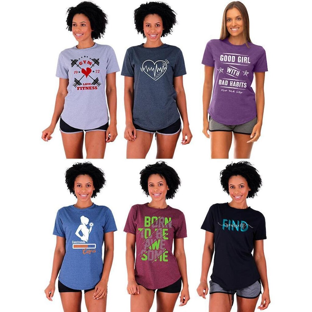 Kit 6 Camisetas Longline Feminina MXD Conceito Slim Diversas Estampas