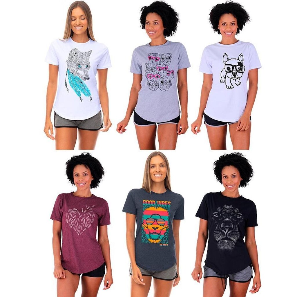Kit 6 Camisetas Longline Feminina MXD Conceito Slim Diversas Estampas