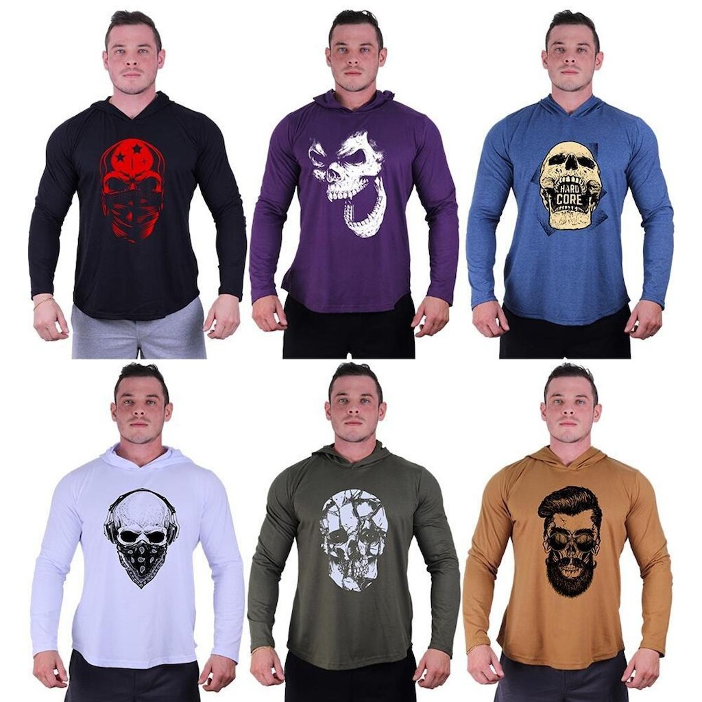 Kit 6 Camisetas Manga Longa com Touca Longline Estampada Treino Academia Lazer Casual