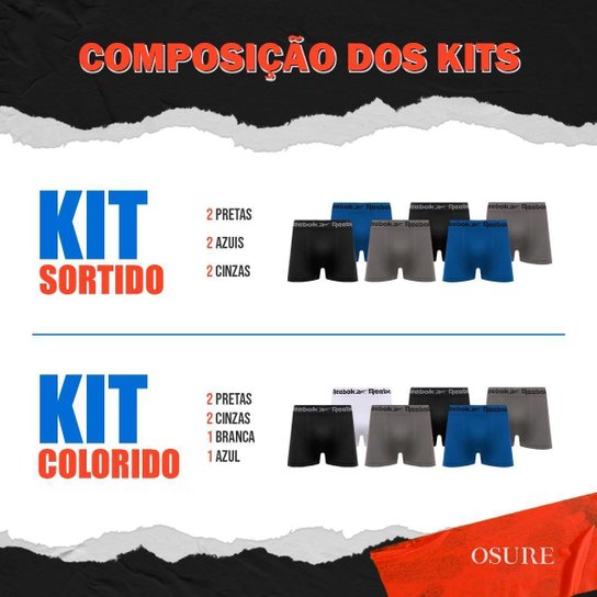 Kit 6 Cuecas Boxer Reebok Cueca Microfibra Masculina Box Sem Costura Original