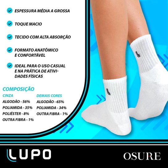 Kit 6 Pares Meias Lupo Masculina Algodão Meia Cano Médio Atacado Academia Esportiva