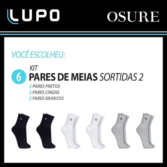 Kit 6 Pares Meias Lupo Masculina Algodão Meia Cano Médio Atacado Academia Esportiva
