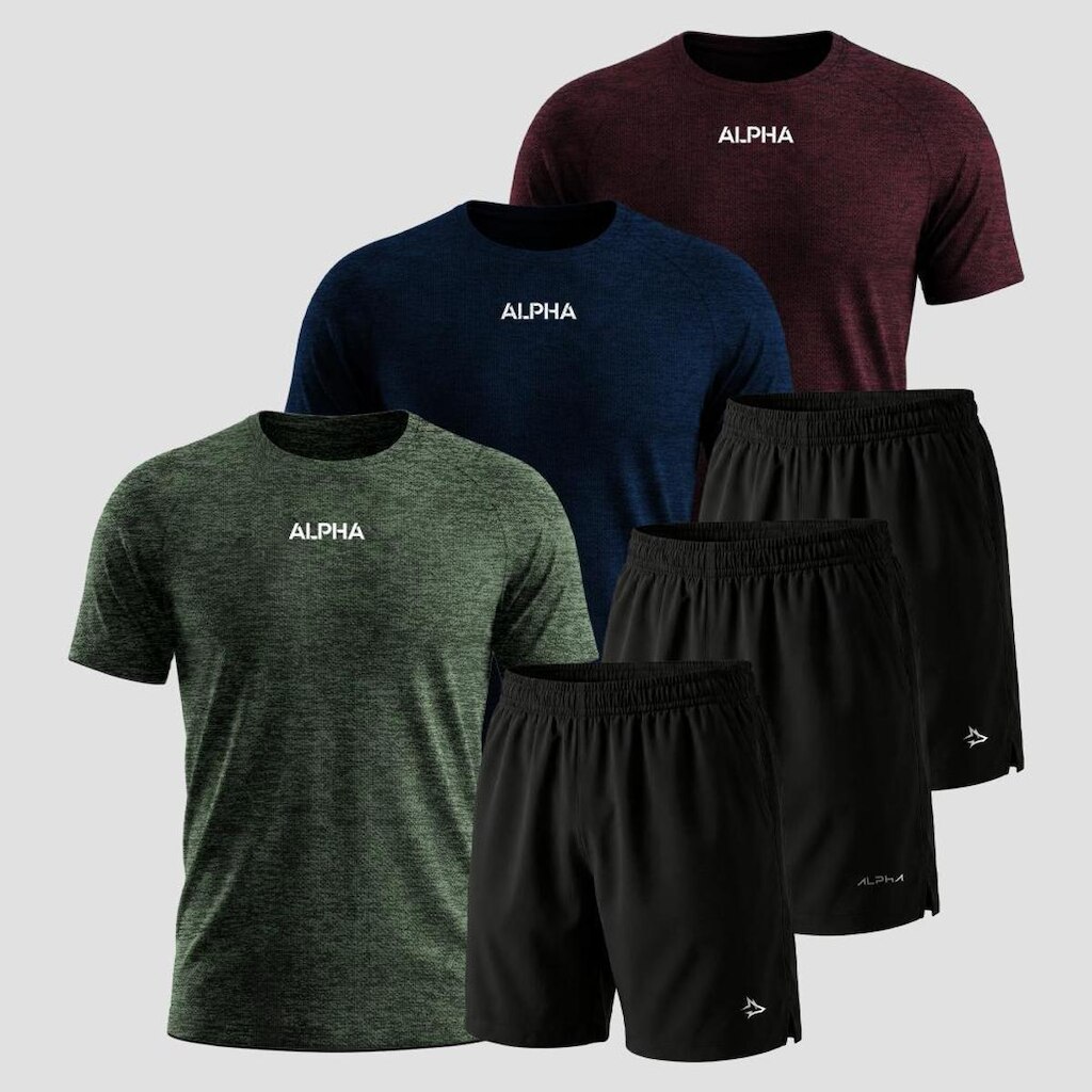 Kit 6 Peças Dry 3 Camisetas e 3 Bermudas Alpha Co