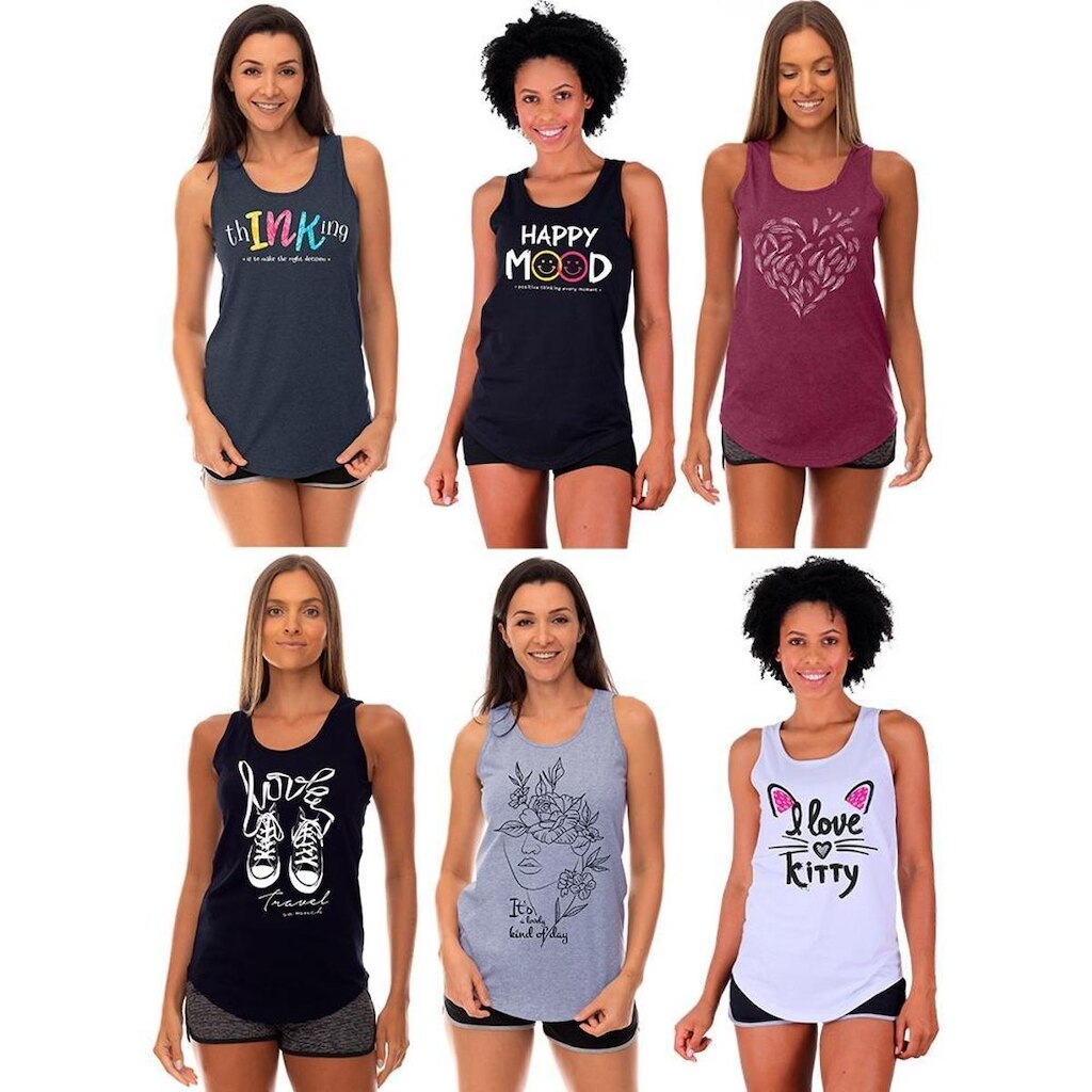 Kit 6 Regatas Longline Feminina MXD Conceito Slim Diversas Estampas