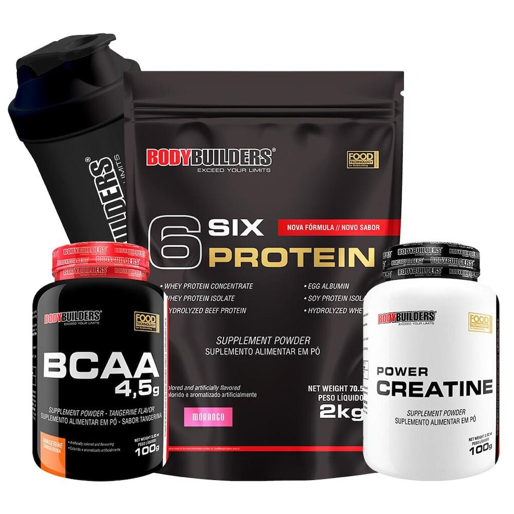 Kit 6 Six Protein 2kg Morango + BCAA 4,5 100g + Creatina 100g + Coqueteleira – Bodybuilders