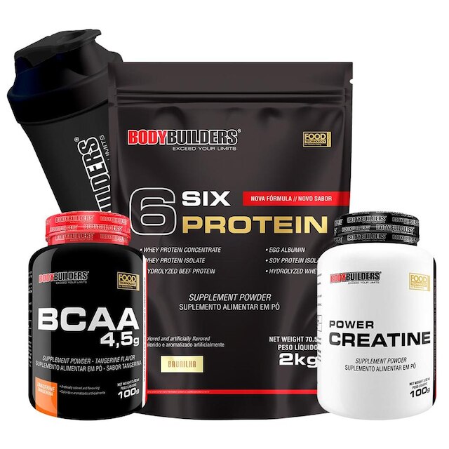 Kit 6 Six Protein 2kg Morango + BCAA 4,5 100g + Creatina 100g + Coqueteleira – Bodybuilders