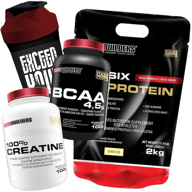 Kit 6 Six Protein 2kg Morango + BCAA 4,5 100g + Creatina 100g + Coqueteleira – Bodybuilders