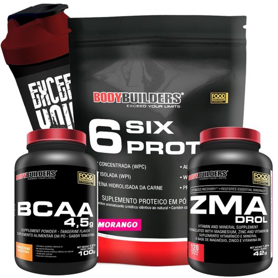 Kit 6 Six Protein 900g Morango + BCAA 4,5 100g + ZMA Drol 120 Cápsulas + Coqueteleira – Bodybuilders -