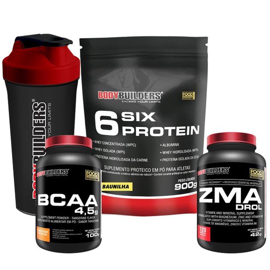 Kit 6 Six Protein 900g Morango + BCAA 4,5 100g + ZMA Drol 120 Cápsulas + Coqueteleira – Bodybuilders -