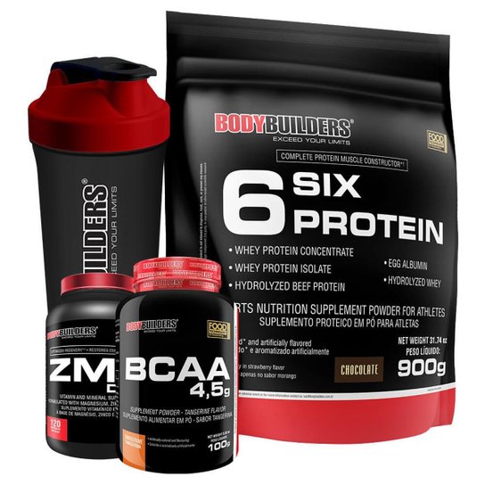 Kit 6 Six Protein 900g Morango + BCAA 4,5 100g + ZMA Drol 120 Cápsulas + Coqueteleira – Bodybuilders -