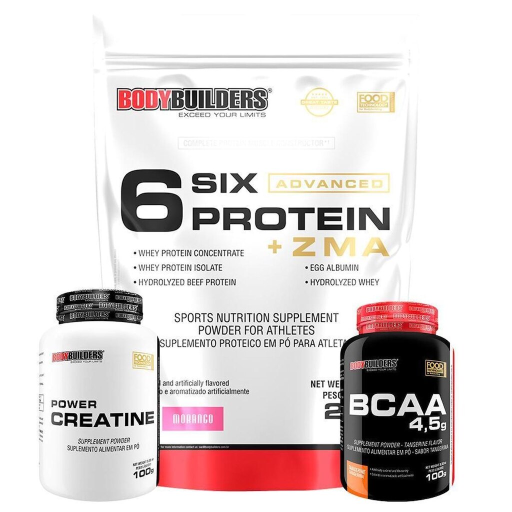 KIT 6 Six Whey Protein com ZMA 2kg + Creatina 100g + BCAA 100g Bodybuilders