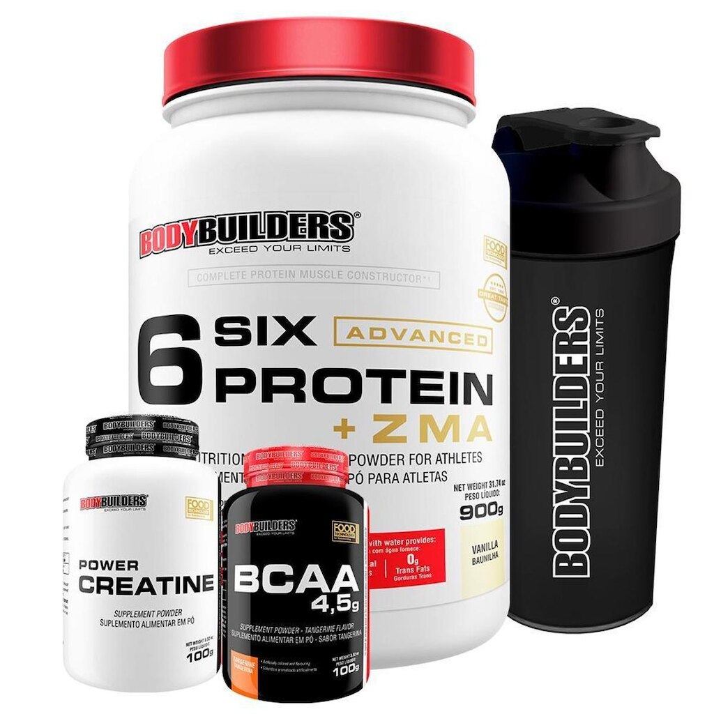 KIT 6 Six Whey Protein com ZMA 900g + Creatina 100g + BCAA 100g + Coqueteleira - BB
