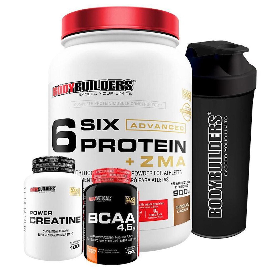 KIT 6 Six Whey Protein com ZMA 900g + Creatina 100g + BCAA 100g + Coqueteleira