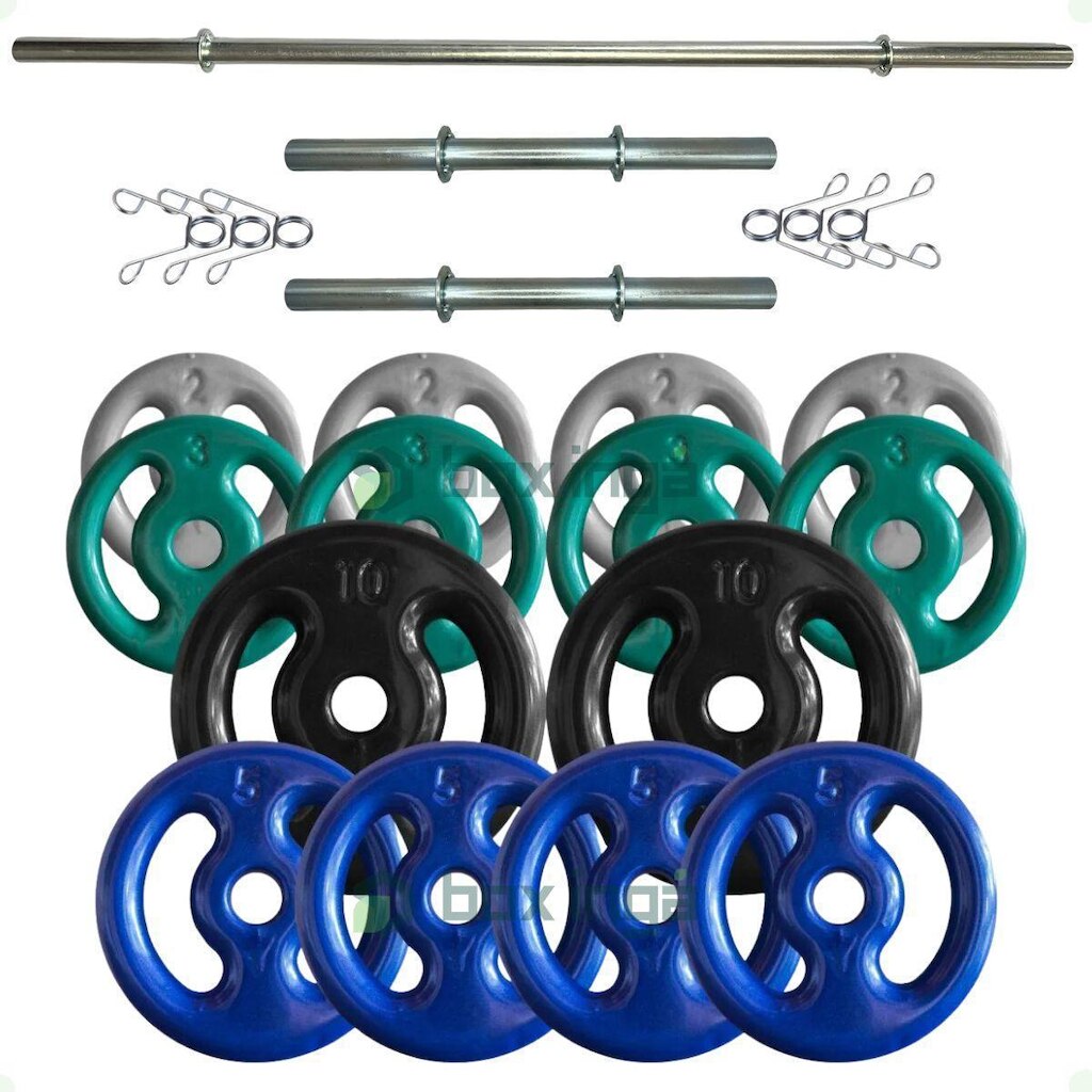 Kit 60 Kg de Anilhas Emborrachadas + Barras Maciças Zincada com Presilhas
